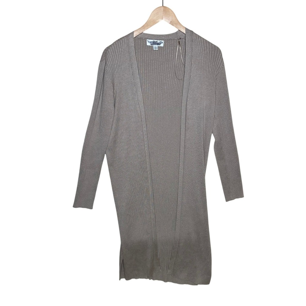 Magaschoni Ribbed Shawl Collar & Sleeves Open Cardigan Duster in Taupe sz Large